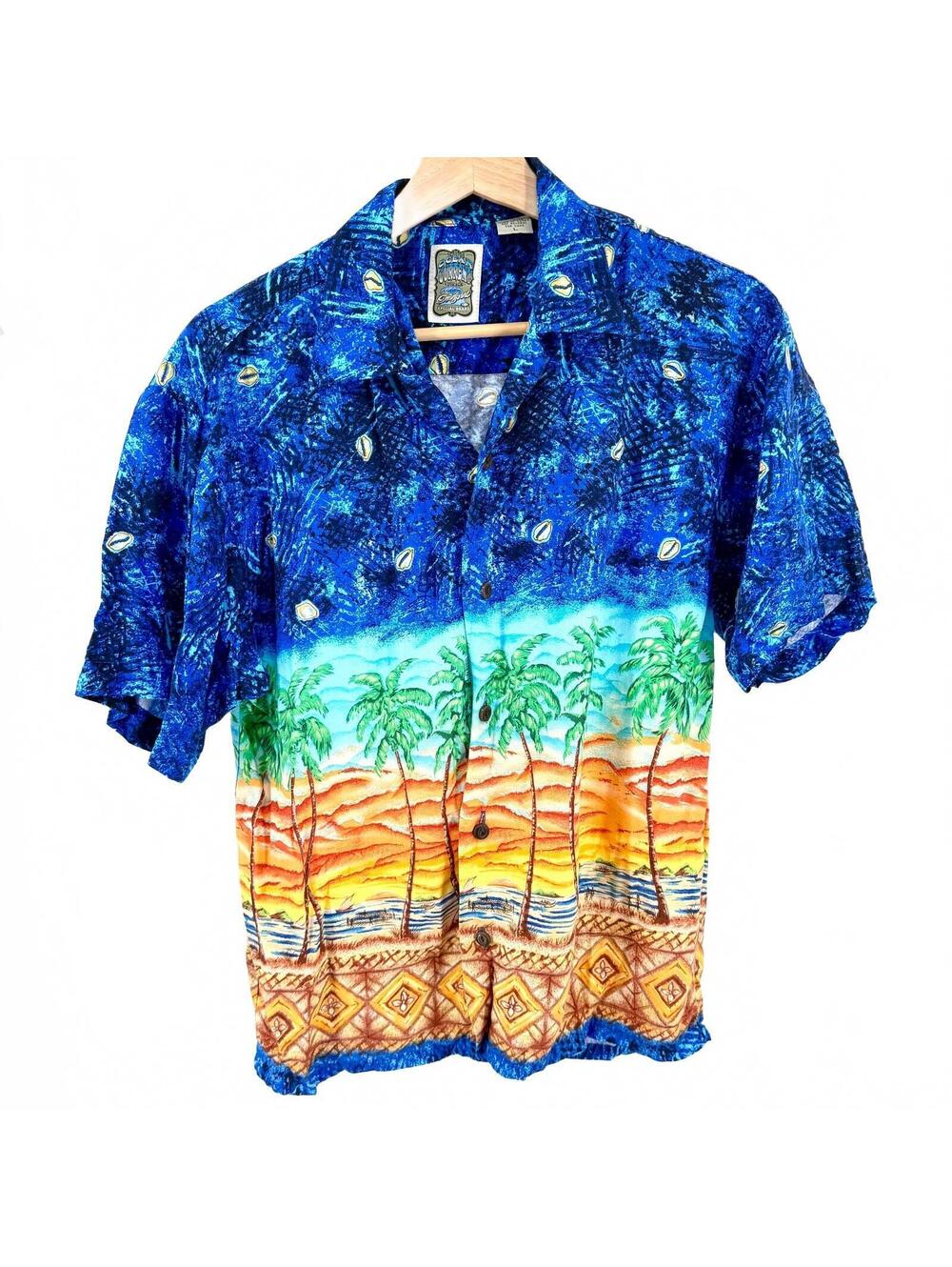 Vintage 90s Ocean Current Blue Tropical Palm Hawaiian Shirt